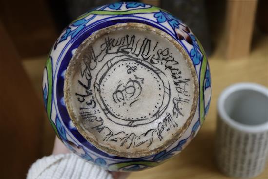 A Middle Eastern pot, a pair of pewter vases, three lacquer stacking boxes and a Chinese porcelain pot